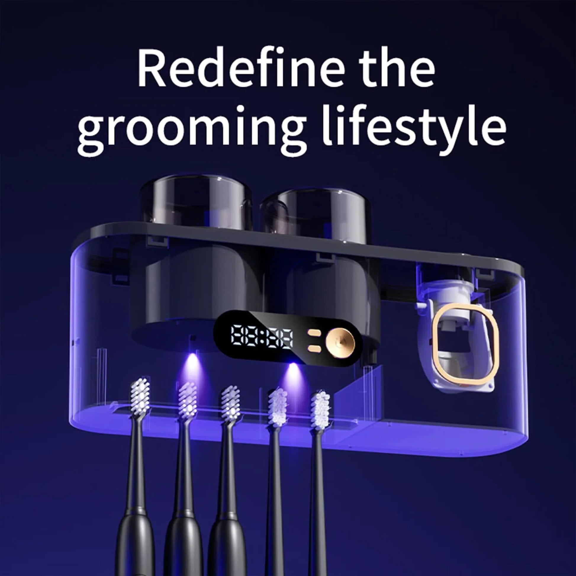 UV Toothbrush Holder with Disinfection & Toothpaste Dispenser – Wall-Mounted Bathroom Organizer with LED Display and 2 Cups - Mekamart Australia