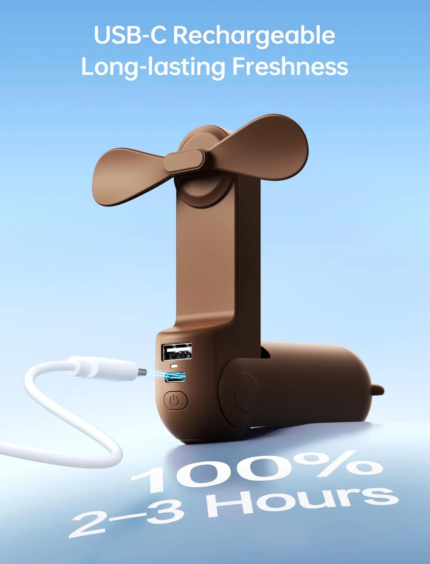 Handheld Mini Fan (Brown), 3-in-1 USB Rechargeable Portable Fan with Power Bank & Flashlight, Pocket Design for Travel & Summer - Mekamart Australia