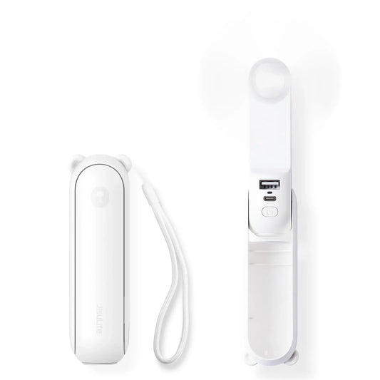 Handheld Mini Fan (White), 3-in-1 USB Rechargeable Portable Fan with Power Bank & Flashlight, Pocket Design for Travel & Summer - Mekamart Australia
