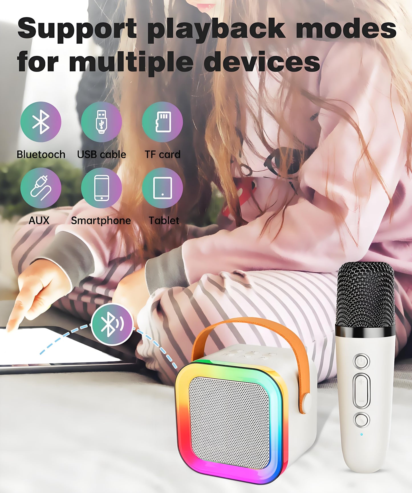 Off-White Mini Karaoke Machine with 2 Wireless Microphones: Portable Bluetooth Speaker for Kids & Adults, Ideal Gift for All Occasions