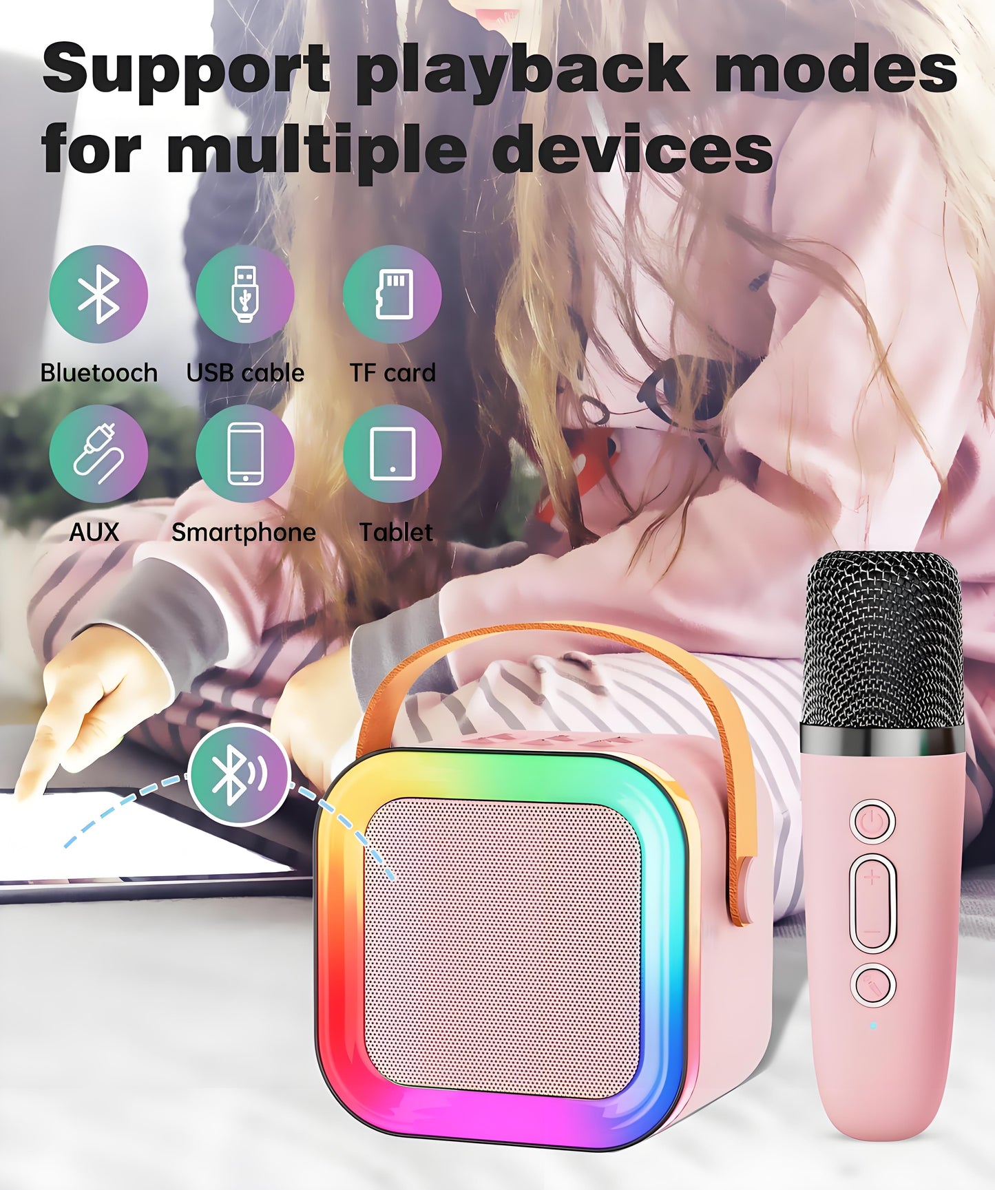 Pink Mini Karaoke Machine with 2 Wireless Microphones: Portable Bluetooth Speaker for Kids & Adults, Ideal Gift for All Occasions