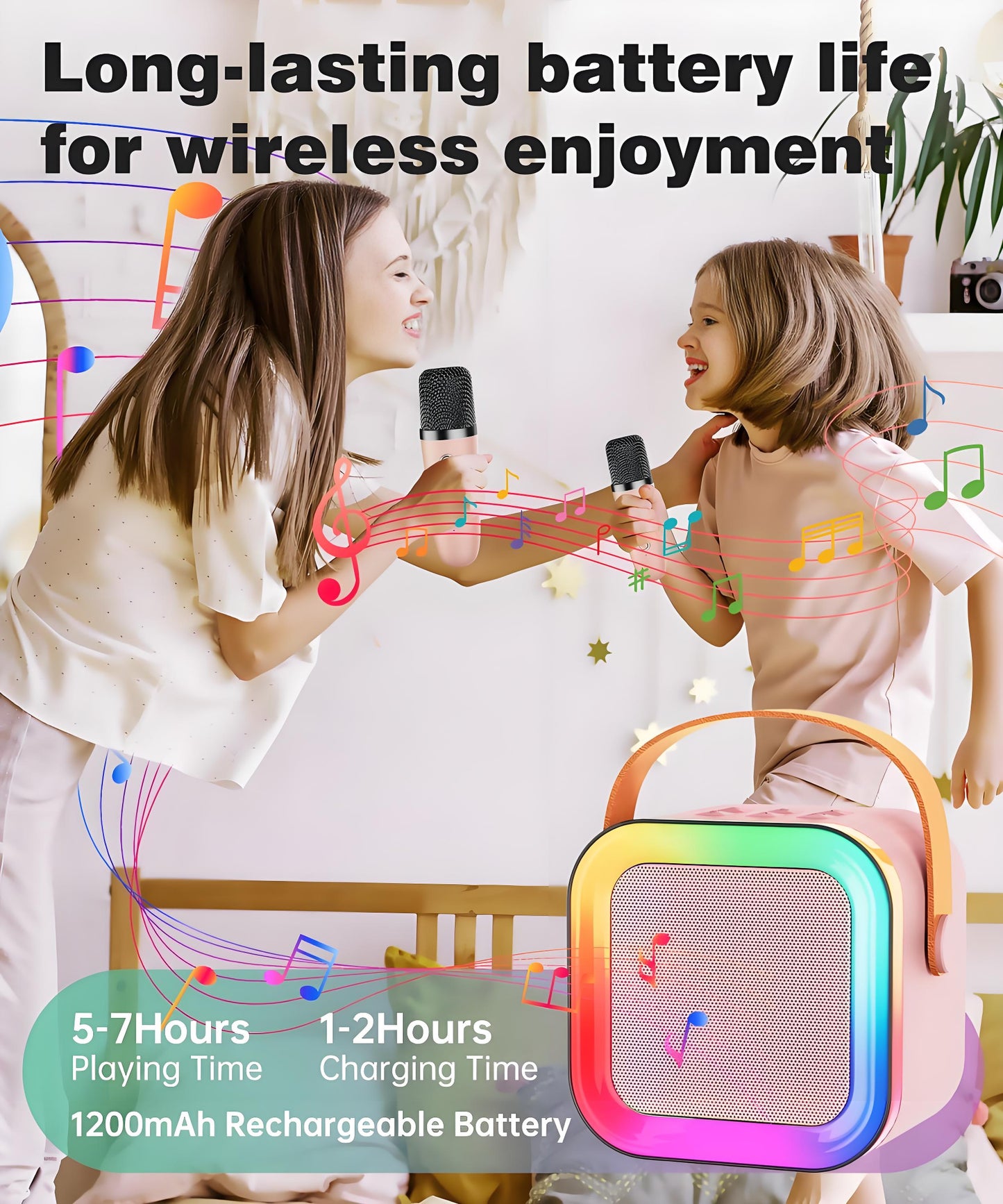 Pink Mini Karaoke Machine with 2 Wireless Microphones: Portable Bluetooth Speaker for Kids & Adults, Ideal Gift for All Occasions
