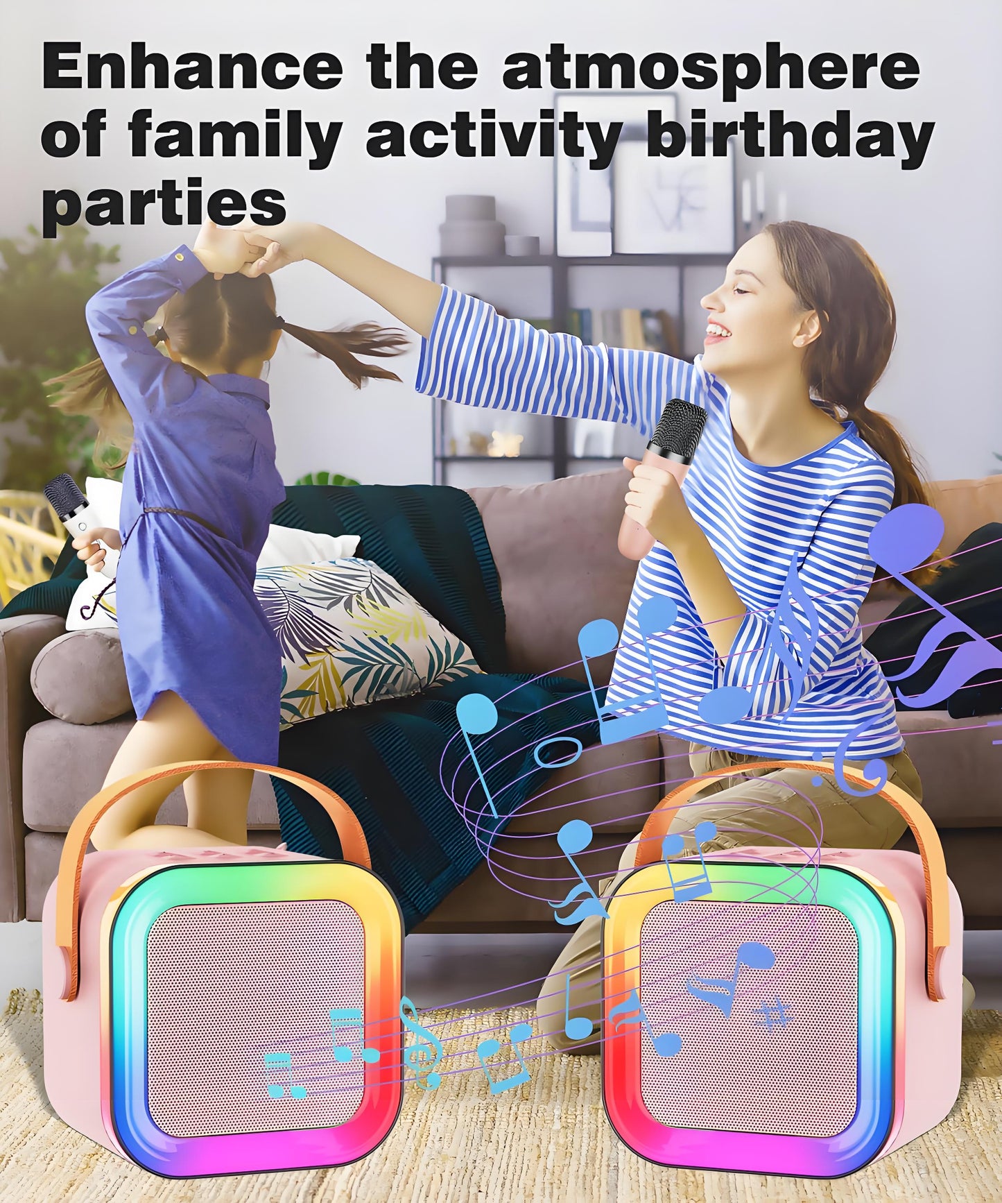 Pink Mini Karaoke Machine with 2 Wireless Microphones: Portable Bluetooth Speaker for Kids & Adults, Ideal Gift for All Occasions