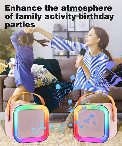 Pink Mini Karaoke Machine with 2 Wireless Microphones: Portable Bluetooth Speaker for Kids & Adults, Ideal Gift for All Occasions