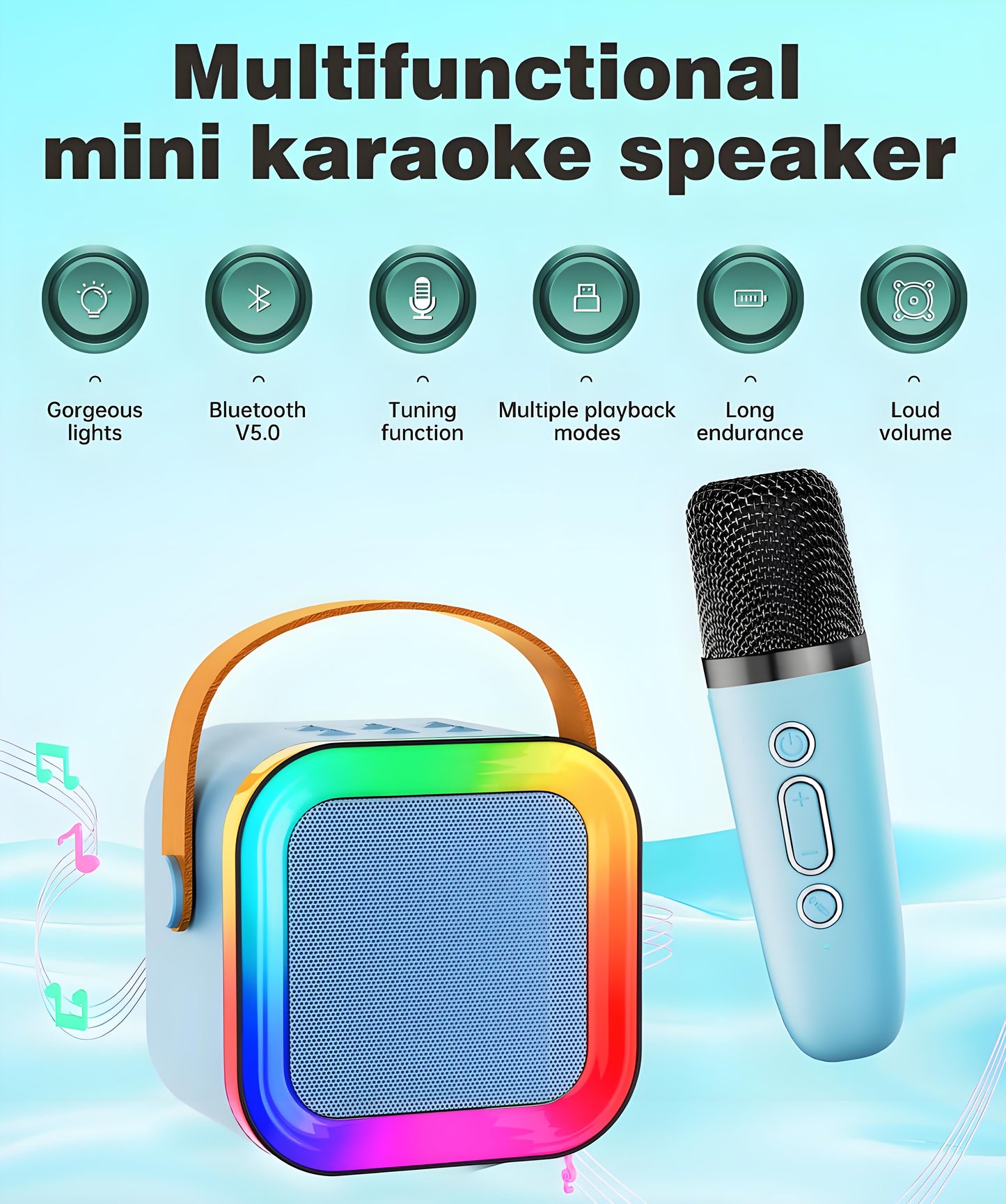 Black Mini Karaoke Machine with 2 Wireless Microphones: Portable Bluetooth Speaker for Kids & Adults, Ideal Gift for All Occasions