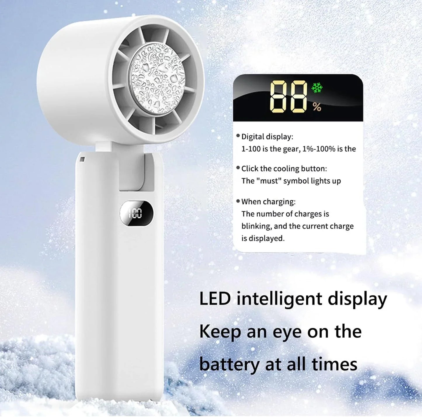 Portable Handheld Turbo Fan with Cooling Tech, Digital Display, 100-Speed Control, Rechargeable 4-in-1 Personal Fan for Travel, Outdoor, Office (White) - Mekamart Australia