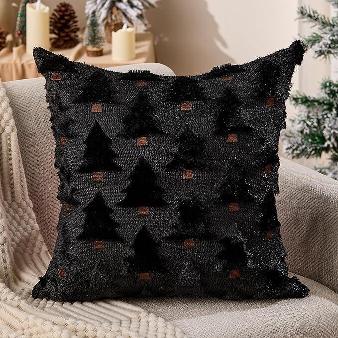 Christmas Pillow Covers 18x18 inch Set of 2 Black Christmas Decorations Soft Plush Faux Fur Wool Xmas Tree Throw Pillow Cases Winter Holiday Decor for Sofa Living Room - Mekamart Australia