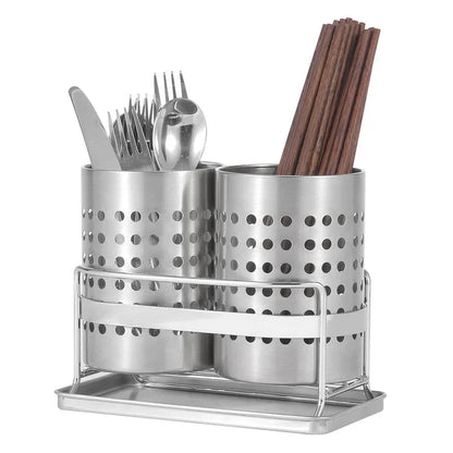 Stainless Steel Double-Tube Cutlery Basket With Storage Rack for Household Kitchen-Silver - Mekamart Australia