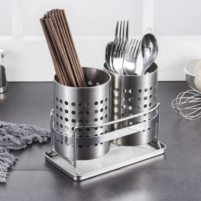 Stainless Steel Double-Tube Cutlery Basket With Storage Rack for Household Kitchen-Silver - Mekamart Australia