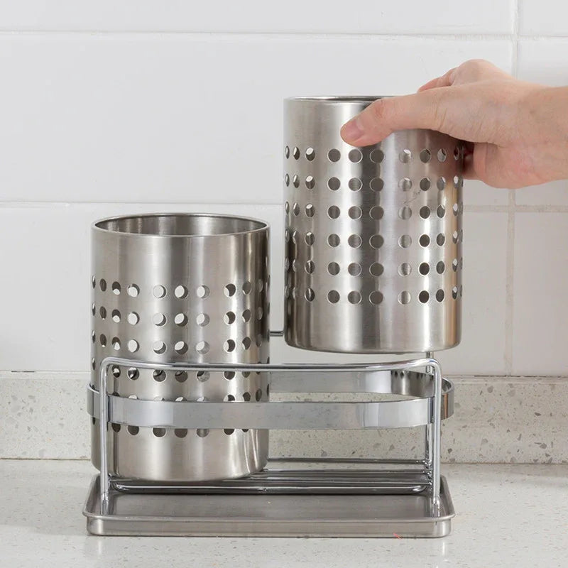 Stainless Steel Double-Tube Cutlery Basket With Storage Rack for Household Kitchen-Silver - Mekamart Australia