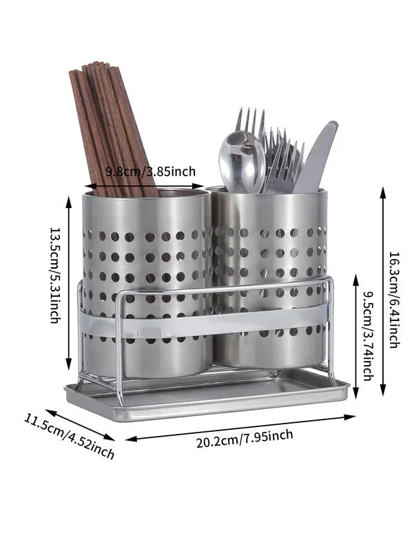 Stainless Steel Double-Tube Cutlery Basket With Storage Rack for Household Kitchen-Silver - Mekamart Australia