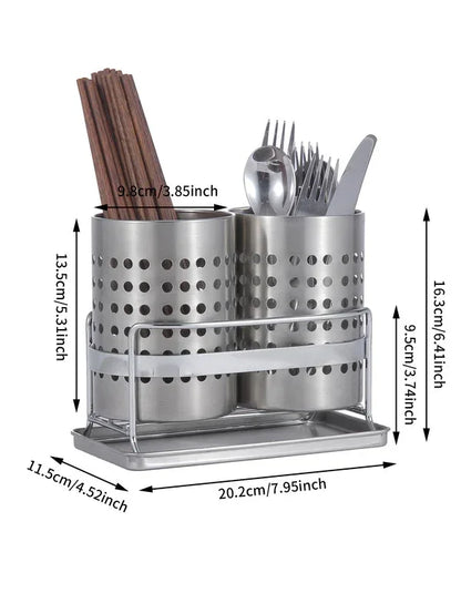 Stainless Steel Double-Tube Cutlery Basket With Storage Rack for Household Kitchen-Silver - Mekamart Australia