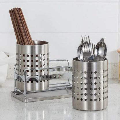Stainless Steel Double-Tube Cutlery Basket With Storage Rack for Household Kitchen-Silver - Mekamart Australia