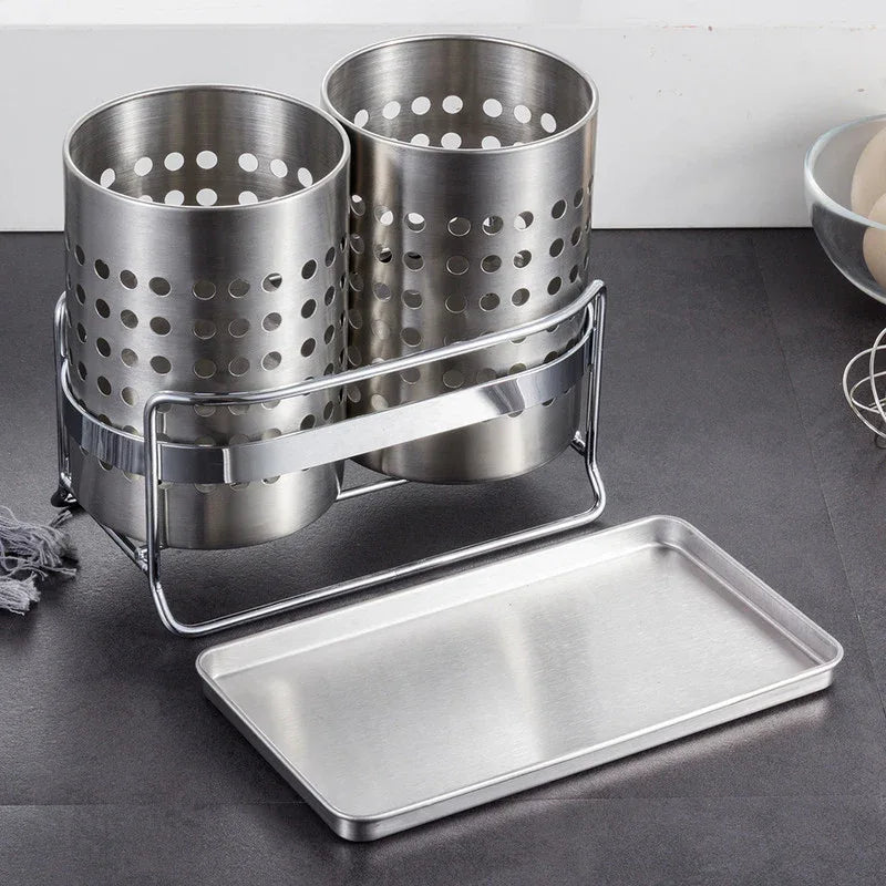 Stainless Steel Double-Tube Cutlery Basket With Storage Rack for Household Kitchen-Silver - Mekamart Australia