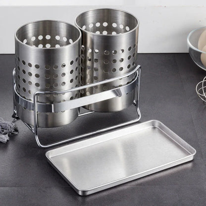 Stainless Steel Double-Tube Cutlery Basket With Storage Rack for Household Kitchen-Silver - Mekamart Australia
