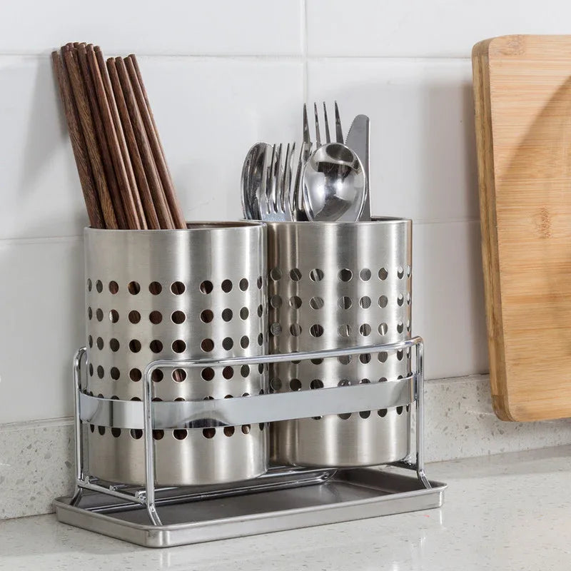 Stainless Steel Double-Tube Cutlery Basket With Storage Rack for Household Kitchen-Silver - Mekamart Australia