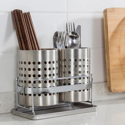 Stainless Steel Double-Tube Cutlery Basket With Storage Rack for Household Kitchen-Silver - Mekamart Australia