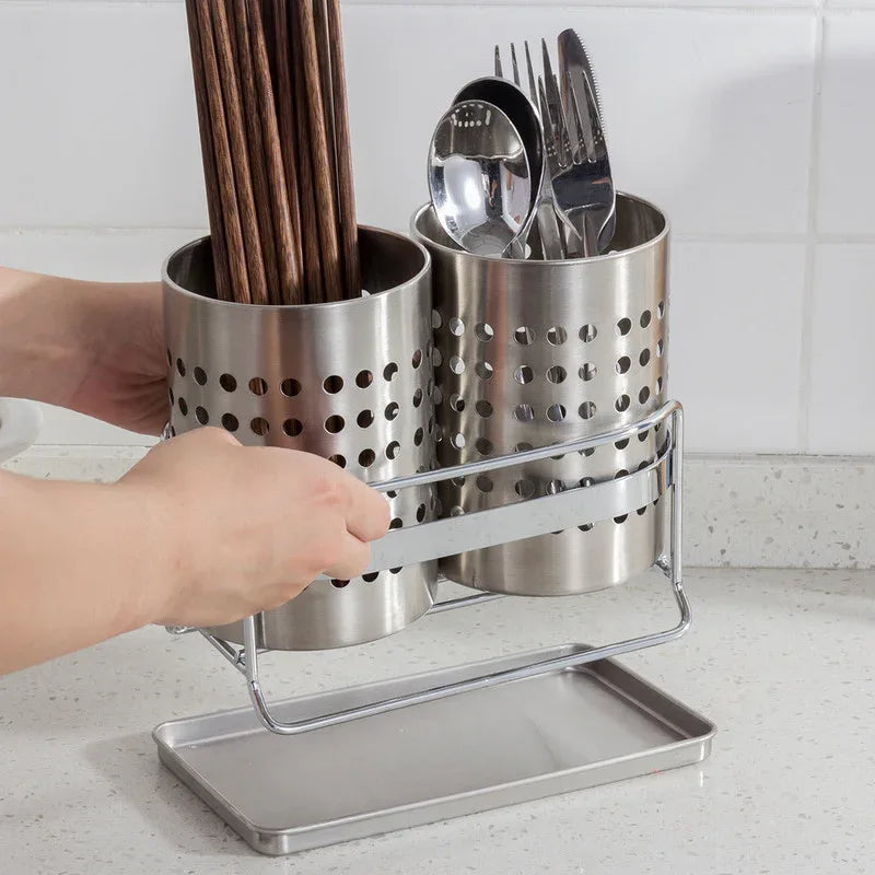 Stainless Steel Double-Tube Cutlery Basket With Storage Rack for Household Kitchen-Silver - Mekamart Australia