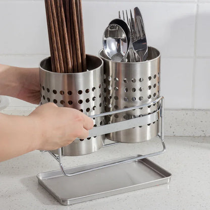 Stainless Steel Double-Tube Cutlery Basket With Storage Rack for Household Kitchen-Silver - Mekamart Australia
