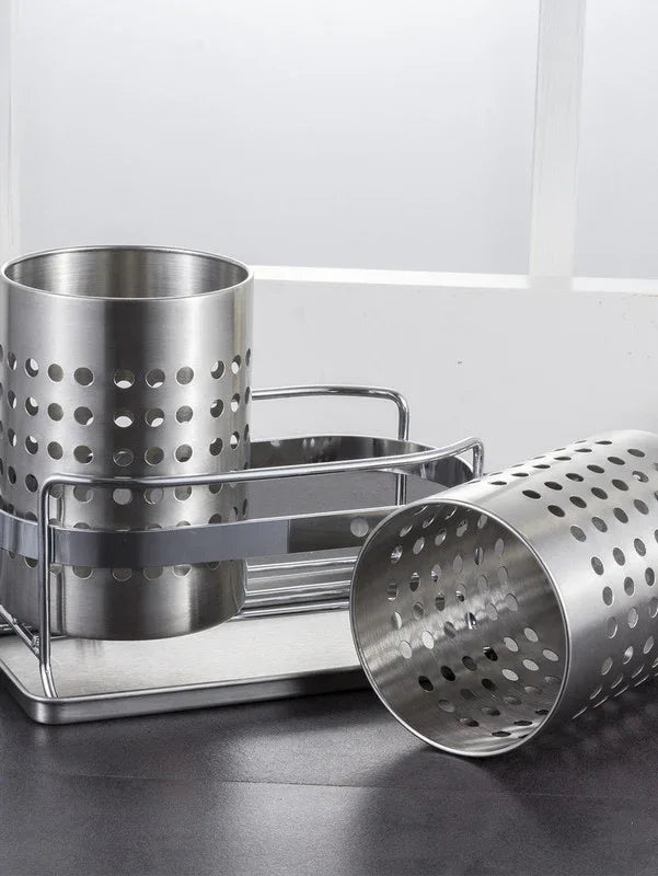 Stainless Steel Double-Tube Cutlery Basket With Storage Rack for Household Kitchen-Silver - Mekamart Australia