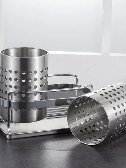 Stainless Steel Double-Tube Cutlery Basket With Storage Rack for Household Kitchen-Silver - Mekamart Australia