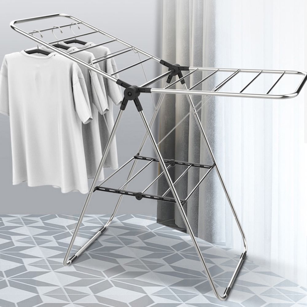 Stainless Steel Floor-Standing Folding Wing-Shaped Drying Rack-Silver