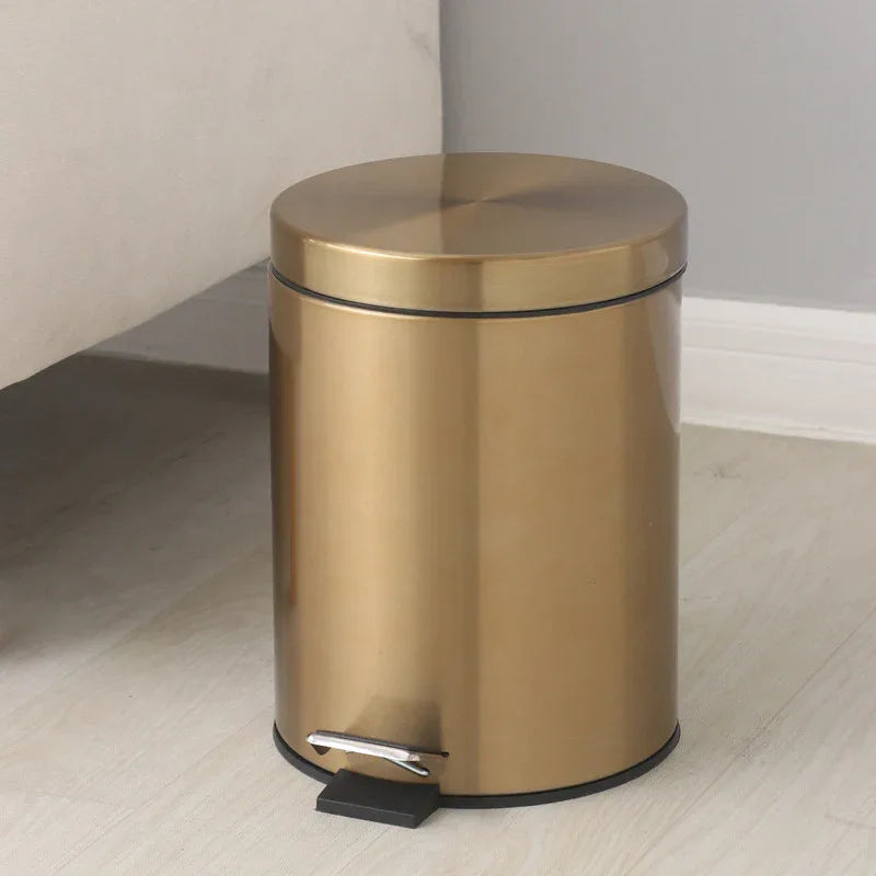 5L Stainless Steel Round Trash Can With Lid And Foot Pedal for Household Kitchen Hotel-Champagne Gold - Mekamart Australia