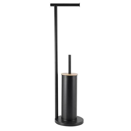 2-in-1 Iron Floor Standing Roll Paper Holder and Bamboo Lid Toilet Brush For Bathroom and Toilet-Black - Mekamart Australia