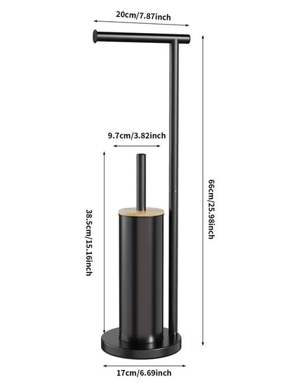 2-in-1 Iron Floor Standing Roll Paper Holder and Bamboo Lid Toilet Brush For Bathroom and Toilet-Black - Mekamart Australia