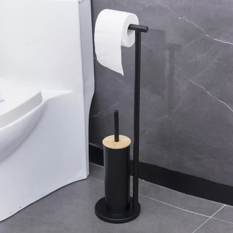 2-in-1 Iron Floor Standing Roll Paper Holder and Bamboo Lid Toilet Brush For Bathroom and Toilet-Black - Mekamart Australia