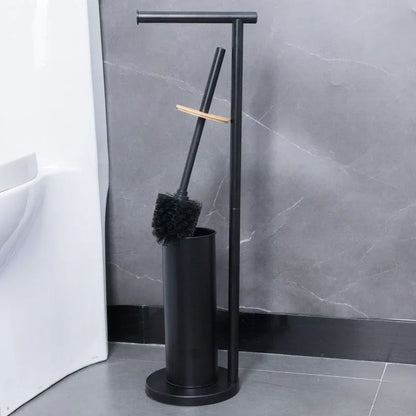 2-in-1 Iron Floor Standing Roll Paper Holder and Bamboo Lid Toilet Brush For Bathroom and Toilet-Black - Mekamart Australia