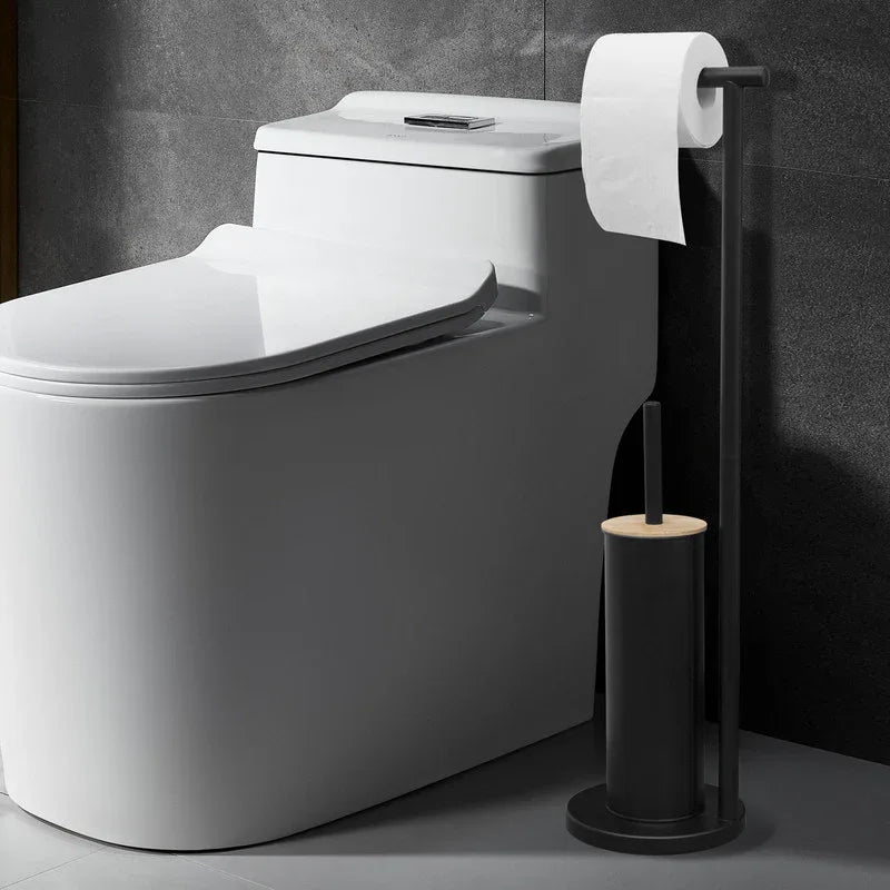 2-in-1 Iron Floor Standing Roll Paper Holder and Bamboo Lid Toilet Brush For Bathroom and Toilet-Black - Mekamart Australia