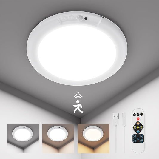 Rechargeable Motion Sensor Ceiling Light with Remote, Battery Ceiling Light Wireless, 3 Colors Dimmable Indoor Overhead LED Lights for Closet Shower Pantry Shed Hallway Porch