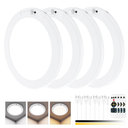 Rechargeable Motion Sensor Ceiling Light with Remote, Battery Ceiling Light Wireless, 3 Colors Dimmable Indoor Overhead LED Lights for Closet Shower Pantry Shed Hallway Porch 4PACK