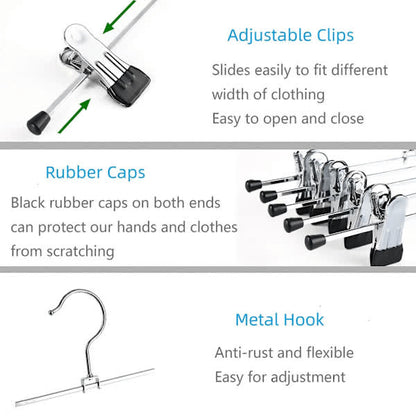 40cm Chrome Iron Clothes Hangers with Non-Slip Clips, 10-Pack Metal Trouser Hangers for Pants Shorts Skirt Socks Underwear, Silver