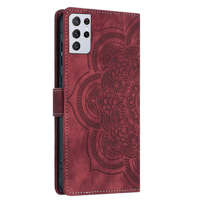 Compatible with Samsung Galaxy S21 Ultra 5G Case Red Mandala Embossed Retro Frosted Leather Phone Cover