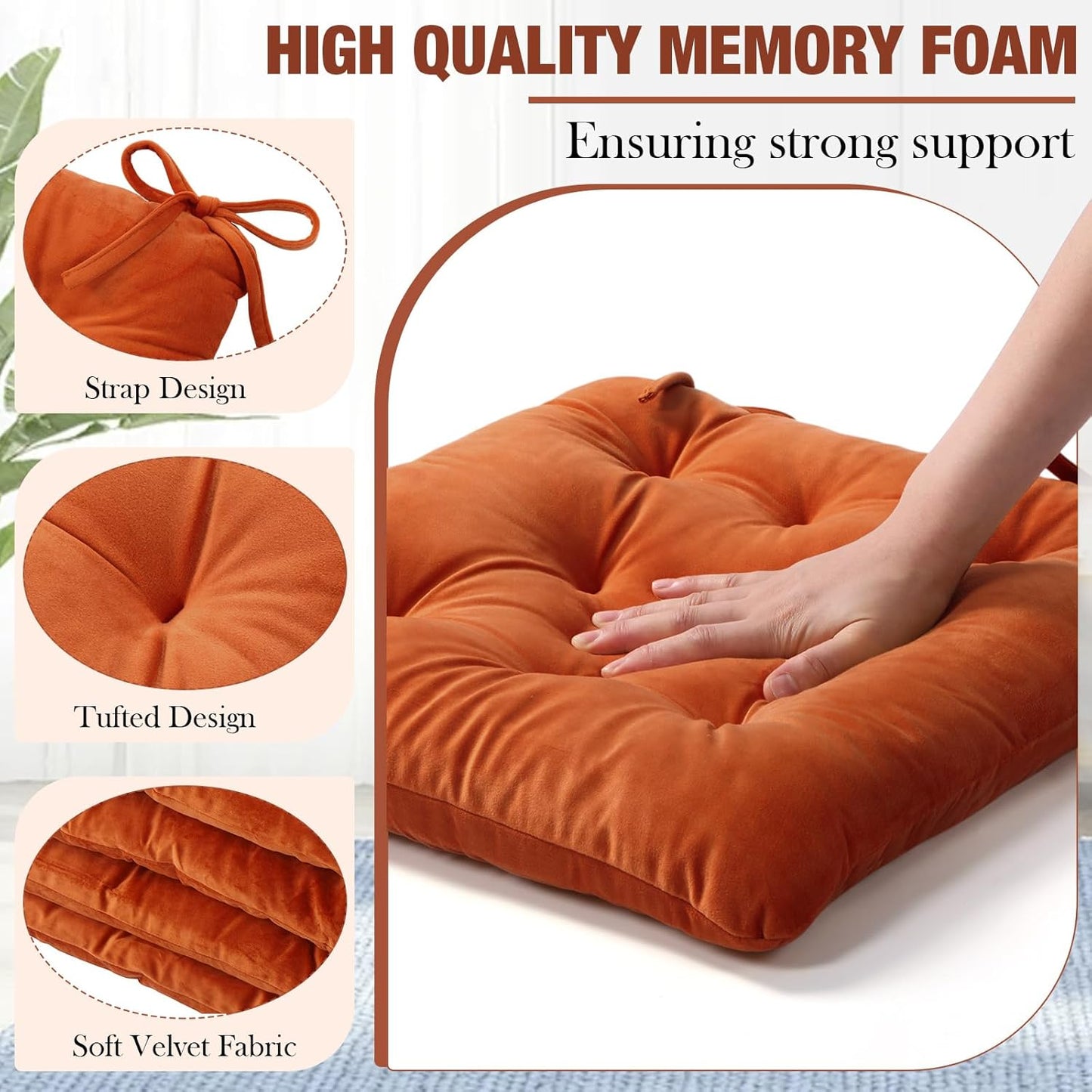 Memory Foam Chair Cushions Set of 4, Thick Indoor Seat Cushions for Dining Chairs Tufted Seat Pads for Kitchen, Dining Room, Office, (Orange,15.5"x15.5"x4")