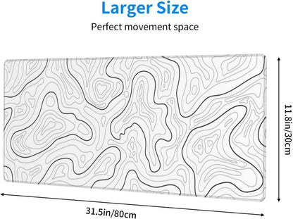 Abstract Topographic Map White Grey Black Gaming Mouse Pad Long Mouse Pad Large Desk Mat 31.5 X 11.8 Inch Mousepad with Non-Slip Base Stitched Edge Keyboard Mat for Gaming Office  Light Grey White