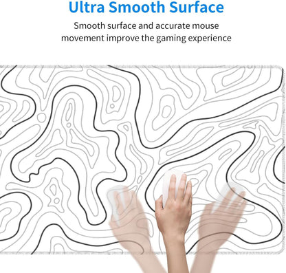 Abstract Topographic Map White Grey Black Gaming Mouse Pad Long Mouse Pad Large Desk Mat 31.5 X 11.8 Inch Mousepad with Non-Slip Base Stitched Edge Keyboard Mat for Gaming Office  Light Grey White