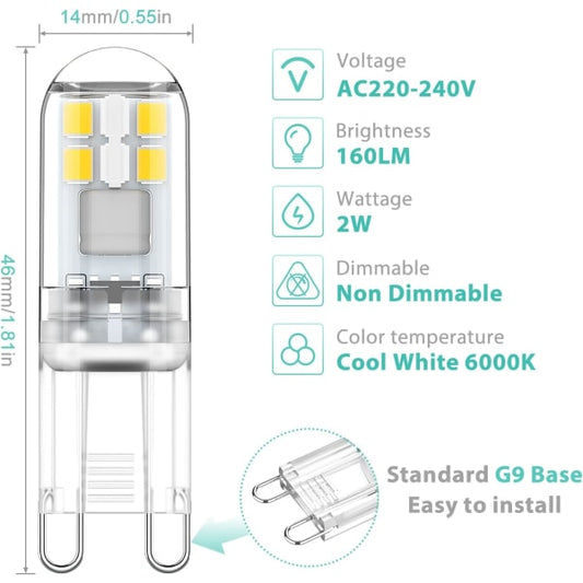 G9 LED Bulbs 10-Pack 1.5W Cool White 6000K Non-Dimmable AC 220-240V Mini Flicker-Free