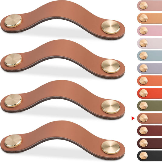 4 pcs Leather Furniture Handles, Cabinet Door Knobs in Leather, Drawer Handles, Vintage Furniture Handles for Cabinets, Dressers, Kitchens - Light Coffee, 128 mm