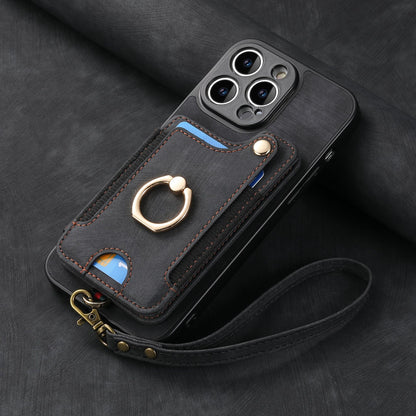 Leather RFID Anti-Theft Phone Case with Strap Compatible with iPhone 15 Pro Max Black Card Holder Loop Buckle