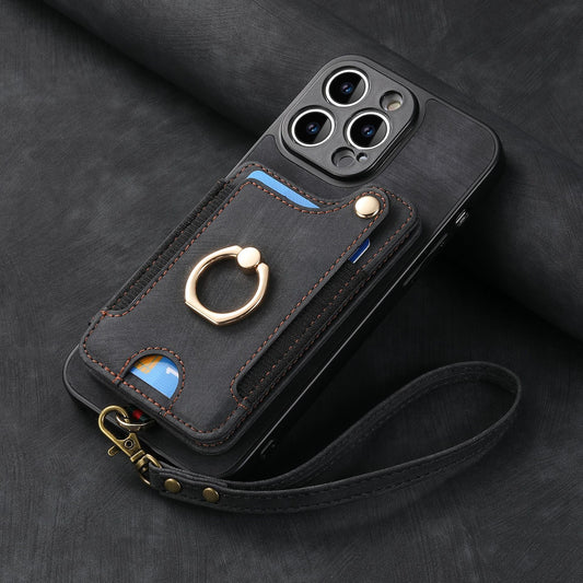 Leather RFID Anti-Theft Phone Case with Strap Compatible with iPhone 15 Pro Max Black Card Holder Loop Buckle