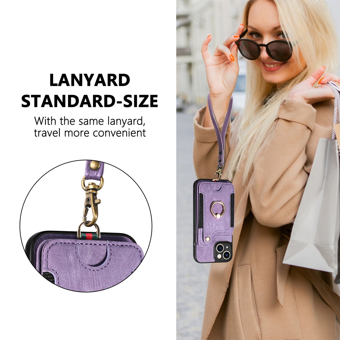 Leather RFID Anti-Theft Phone Case with Strap Compatible with iPhone 15 Pro Max Black Card Holder Loop Buckle