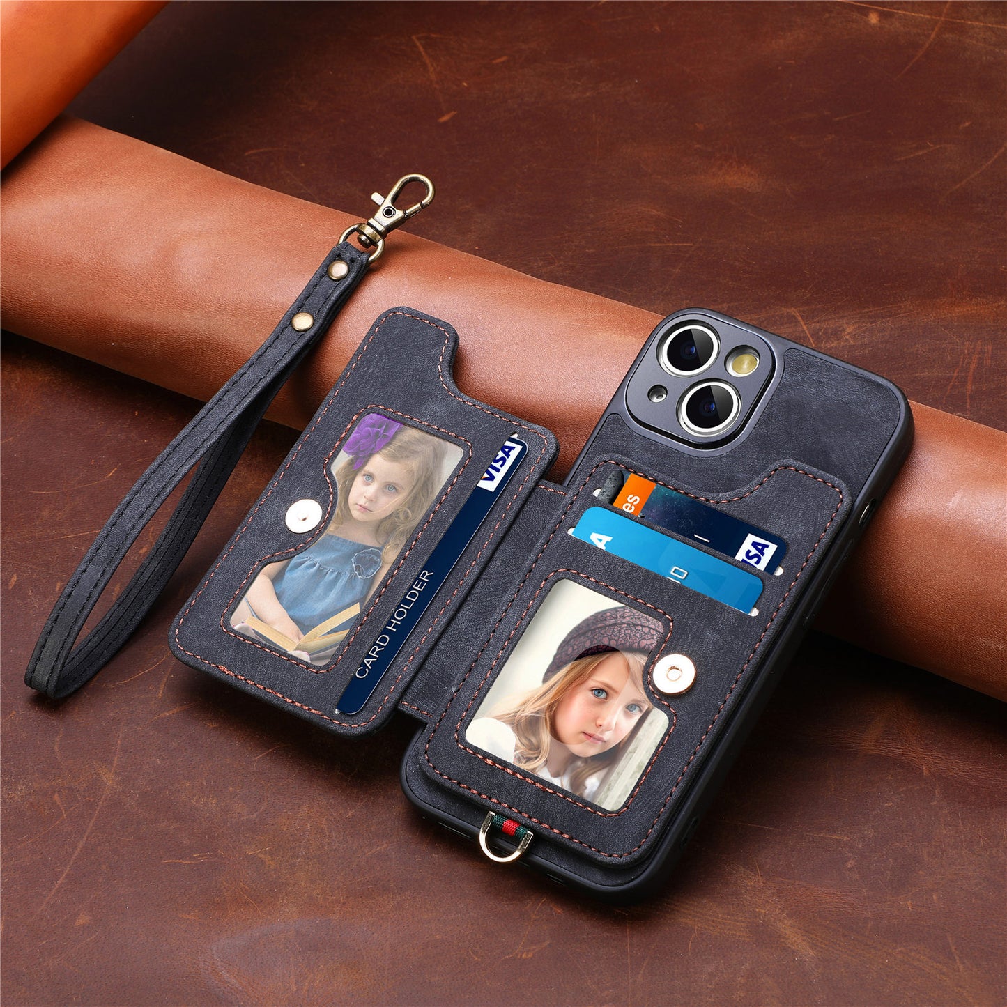 Leather RFID Anti-Theft Phone Case with Strap Compatible with iPhone 15 Pro Max Black Card Holder Loop Buckle