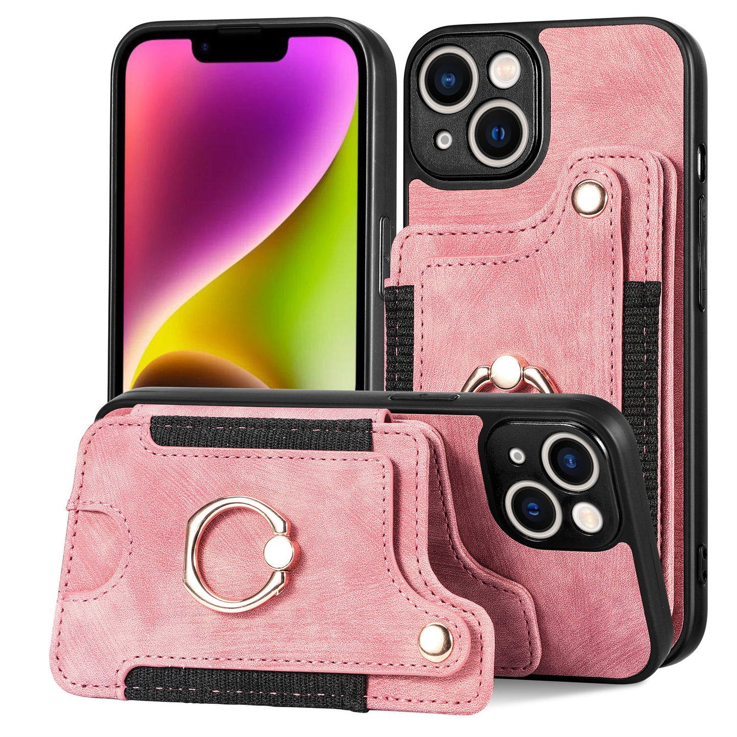 Leather RFID Anti-Theft Phone Case with Strap Compatible with iPhone 15 Pro Max Black Card Holder Loop Buckle