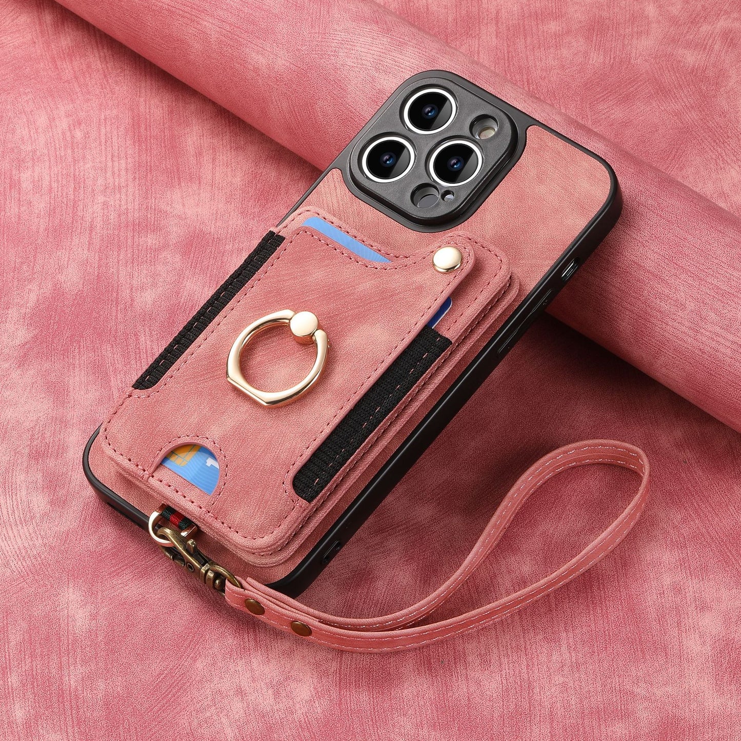 Leather RFID Anti-Theft Phone Case with Strap Compatible with iPhone 15 Pro Max Black Card Holder Loop Buckle