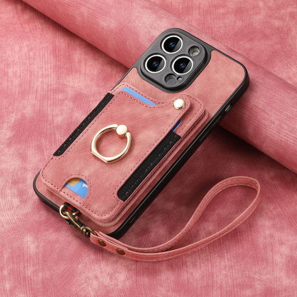 Leather RFID Anti-Theft Phone Case with Strap Compatible with iPhone 15 Pro Max Black Card Holder Loop Buckle
