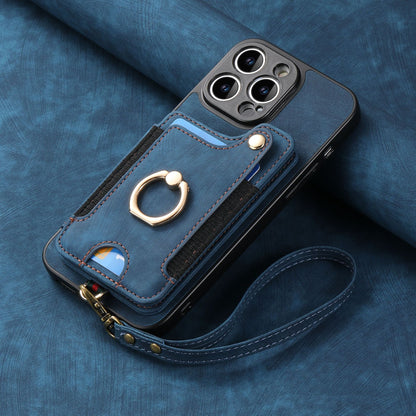 Leather RFID Anti-Theft Phone Case with Strap Compatible with iPhone 15 Pro Max Black Card Holder Loop Buckle