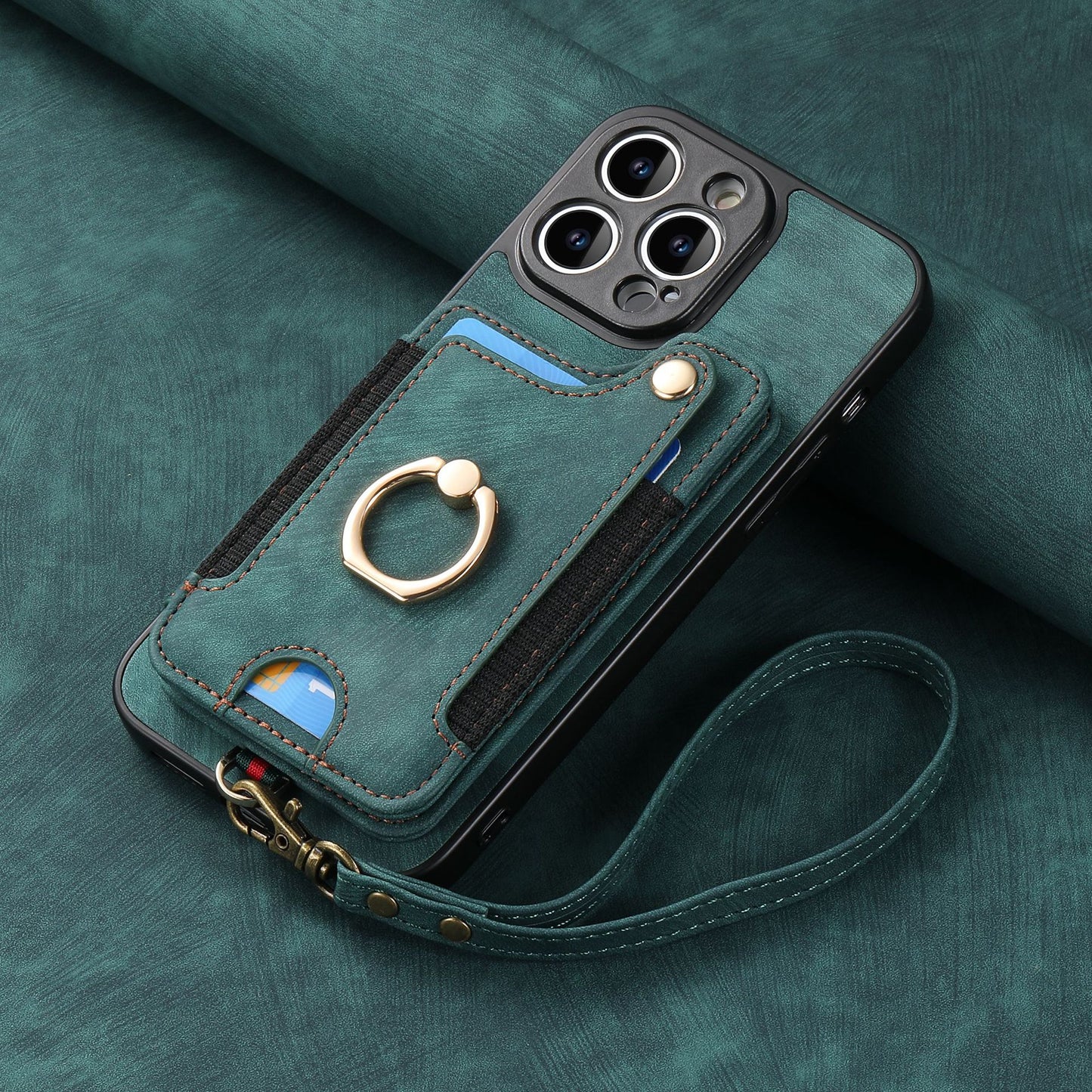 Leather RFID Anti-Theft Phone Case with Strap Compatible with iPhone 15 Pro Max Black Card Holder Loop Buckle